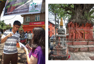 Tree haven: (left) reporter Sally Acharya interviews a protester; (right) a roadside peepal tree shrine in Handi Gaun