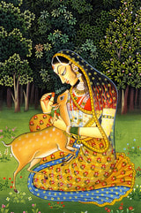 Shakuntala, the heroine of Kalidasa's famous play, feeding a fawn 