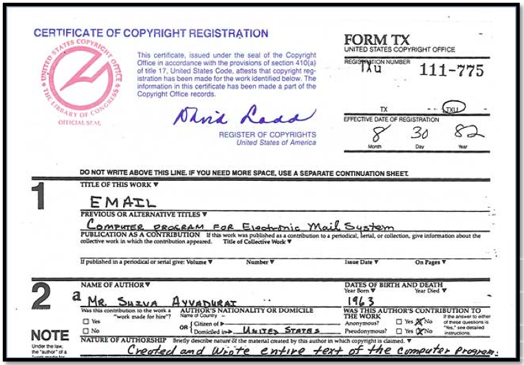 Official US Copyright Notice for "Email" Issued on August 30, 1982, now, in the Smithsonian Institution National Museum of American History (NMAH).