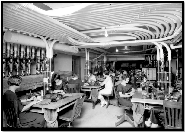 Pneumatic tube system, similar to one at UMDNJ, used to transport interoffice mail across offices. 