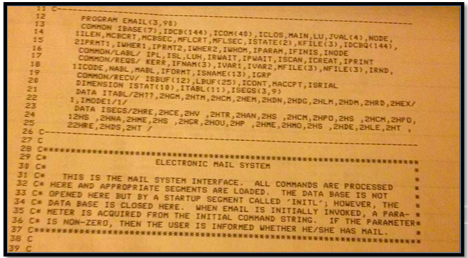 First page of the computer program showing Shiva's naming the program "email," thus defining email to be the electronic interoffice mail system.