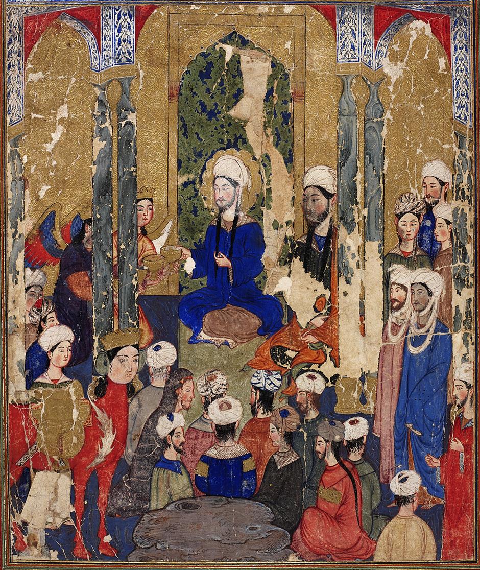 The Prophet Muhammad sits with the Abrahamic prophets in Jerusalem, anonymous, Mi‘rajnama (Book of Ascension), Tabriz, ca. 1317-1330. TOPKAPI PALACE LIBRARY