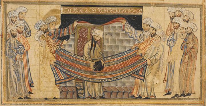 Mohammed solves a dispute over lifting the black stone into position at the Kaaba. The legends tell how, when Mohammed was still a young man, the Kaaba was being rebuilt and a dispute arose between the various clans in Mecca over who had the right rededicate the black stone. (The Kaaba was at that time still a polytheistic shrine, this being many years before Islam was founded.) Mohammed resolved the argument by placing the stone on a cloth and having members of each clan lift the cloth together, raising the black stone into place cooperatively. Miniature illustration on vellum from the book Jami’ al-Tawarikh (literally “Compendium of Chronicles” but often referred to as The Universal History or History of the World), by Rashid al-Din, published in Tabriz, Persia, 1307 A.D. Now in the collection of the Edinburgh University Library, Scotland. (Hat tip: Brett K. and Martin H.)