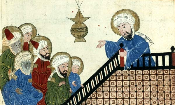 Illustration showing Mohammed (on the right) preaching his final sermon to his earliest converts, on Mount Ararat near Mecca; taken from a medieval-era manuscript of the astronomical treatise The Remaining Signs of Past Centuries by the Persian scholar al-Biruni; currently housed in the collection of the Bibliotheque Nationale, Paris (Manuscrits Arabe 1489 fol. 5v). This scene was popular among medieval Islamic artists, and several nearly identical versions of this drawing (such as this one [shown in detail below] and this one) were made in the Middle Ages.