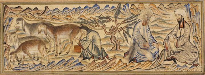 Mohammed (on the far right) and Abu Bakr on their way to Medina while a woman milks a herd of goats. Miniature illustration on vellum from the book Jami’ al-Tawarikh (literally “Compendium of Chronicles” but often referred to as The Universal History or History of the World), by Rashid al-Din, published in Tabriz, Persia, 1307 A.D. Now in the collection of the Edinburgh University Library, Scotland.