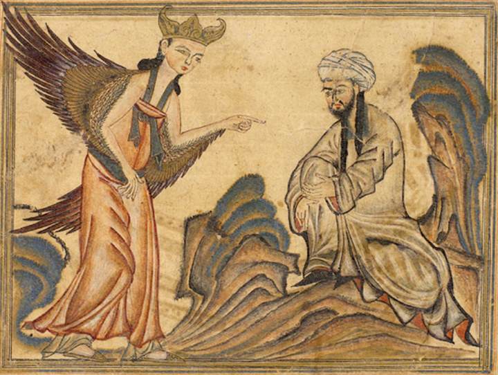 Mohammed receiving his first revelation from the angel Gabriel. Miniature illustration on vellum from the book Jami’ al-Tawarikh (literally “Compendium of Chronicles” but often referred to as The Universal History or History of the World), by Rashid al-Din, published in Tabriz, Persia, 1307 A.D. Now in the collection of the Edinburgh University Library, Scotland.