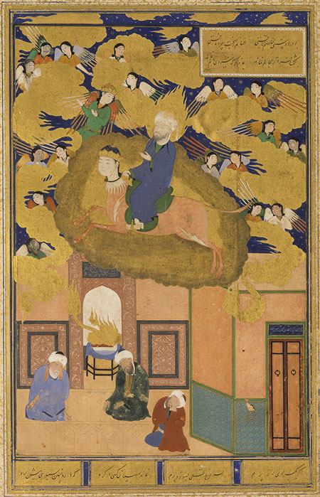 The Night Journey of Muhammad on His Steed, Buraq; leaf from a copy of the Bustan of Sacdi, dated 1514. From Bukhara, Uzbekistan. In The Metropolitan Museum of Art.