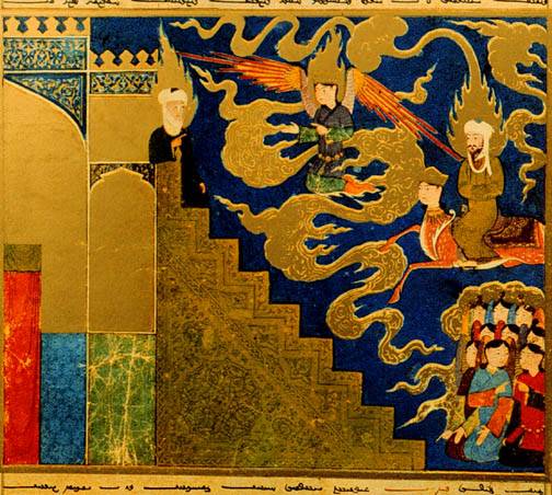 Mohammed (on the right, astride Buraq) and the Angel Gabriel (center) talk with Abraham (left) in Paradise. Persian, 15th century.