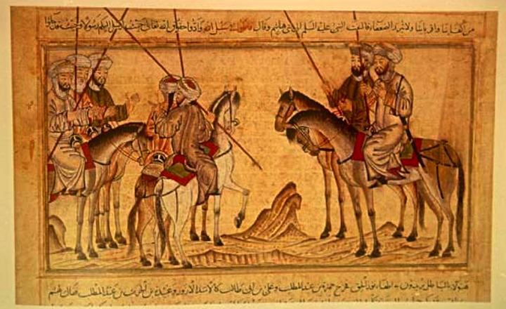 Mohammed exhorting his family before the battle of Badr. It is not immediately apparent which figure in this drawing is Mohammed. From the Jami’al-Tawarikh, dated 1314-5. In the Nour Foundation’s Nasser D. Khalili Collection of Islamic Art, London.