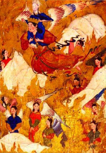 The Archangel Gabriel carries Mohammed on his shoulders over mountains where angels are shown among golden flames. In the Topkapi Palace Library, Istanbul.