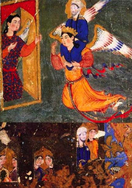 Mohammed borne on Gabriel’s shoulders, arriving at the gate of paradise guarded by the angel Ridwan. From the Miraj-name, Tabriz (c. 1360-70). In the Topkapi Palace Library, Istanbul.