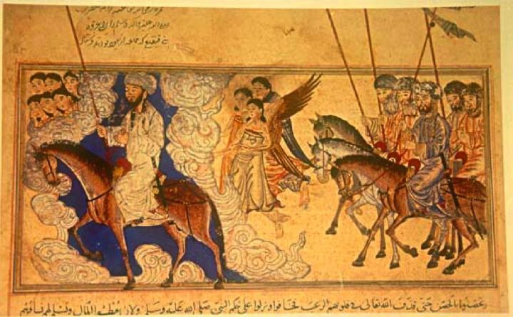 Mohammed (riding the horse) receiving the submission of the Banu Nadir, a Jewish tribe he defeated at Medina. From the Jami’al-Tawarikh, dated 1314-5. In the Nour Foundation’s Nasser D. Khalili Collection of Islamic Art, London.