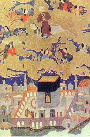 Mohammed flying over Mecca, at the beginning of his “Night Journey.” The square building in the center is the Ka’aba. From the manuscript entitled Khamseh, by Nezami, 1494-5. Currently in the British Museum.