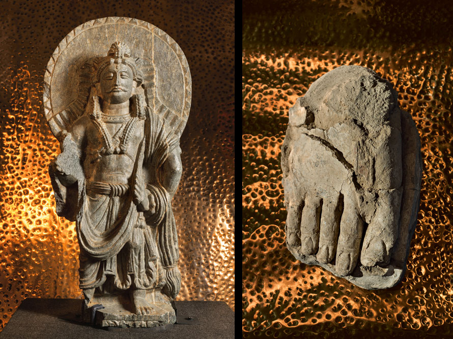Since excavations began in 2009, thousands of artifacts have come to light, reflecting the wealth that copper brought to this religious and industrial site. Left: Bodhisattva schist, 15.3 inches, 3rd-5th century. Right: 11.4-inch fragment of 7-foot-tall Buddha, clay, 5th-6th century. (PHOTOGRAPHS BY SIMON NORFOLK; PHOTOGRAPHED AT NATIONAL MUSEUM OF AFGHANISTAN, KABUL (LEFT); PHOTOGRAPHED AT MES AYNAK, COURTESY AFGHAN INSTITUTE OF ARCHAEOLOGY (RIGHT))