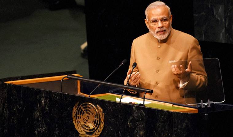 New York: Prime Minister Narendra Modi addresses the 70th session of the United Nations General Assembly at UN headquarters in New York on Friday. PTI Photo by Subhav Shukla (PTI9_25_2015_000307B)