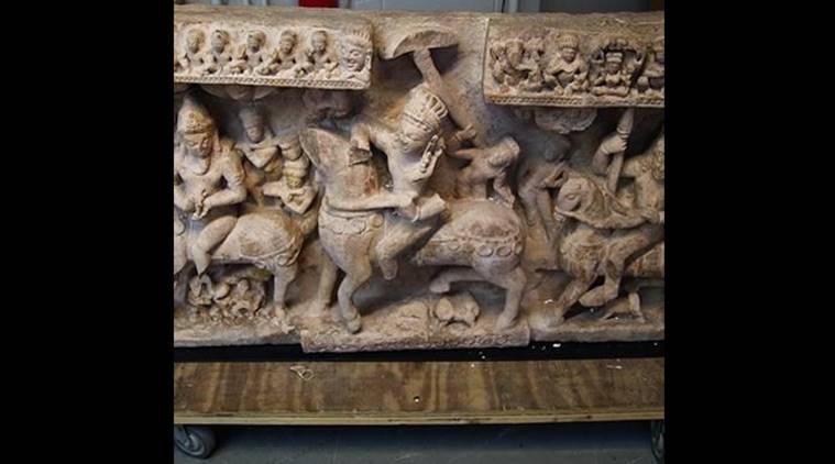 A stolen buff sandstone panel depicting Revanta and his entourage, was seized by US officials from the auction house Christie’s on March 11 in New York. It is from the 8th Century AD, approximately 76 cm by 135 cm, depicting a very rare representation of the equestrian deity, Revanta, a son of Surya, and valued at approximately 0,000. (Source: US Customs/IANS) 
