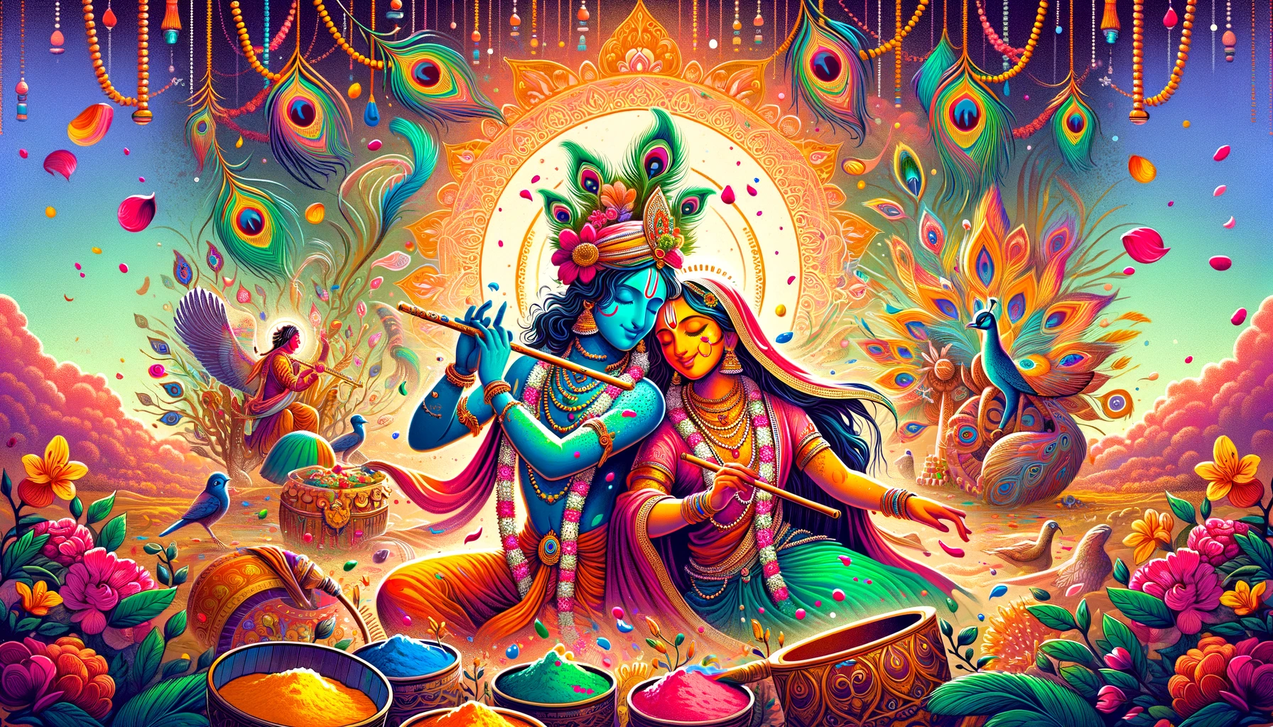 Artistic blog header illustration depicting the divine love story of Radha and Krishna during Holi, featuring joyful colors, symbolic elements like the flute and peacock feathers, set against the backdrop of Vrindavan's lush groves, embodying the spirit of unity and festivity.