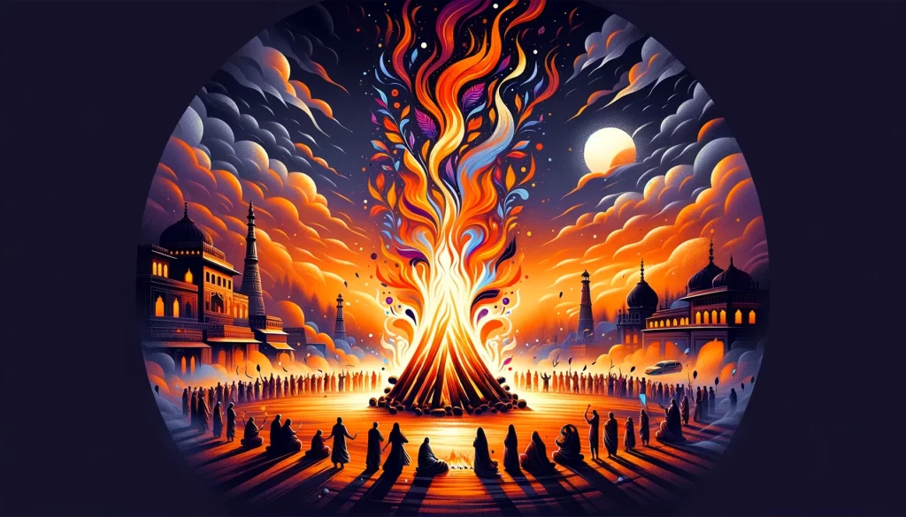 Visually striking blog header illustration showcasing the Holika bonfire as a vibrant focal point during the Holi festival, surrounded by figures symbolizing community and new beginnings, set against an evening sky. The image embodies themes of purification, renewal, and the triumph of good over evil, rendered in rich, warm colors to evoke the cultural and spiritual essence of the event.