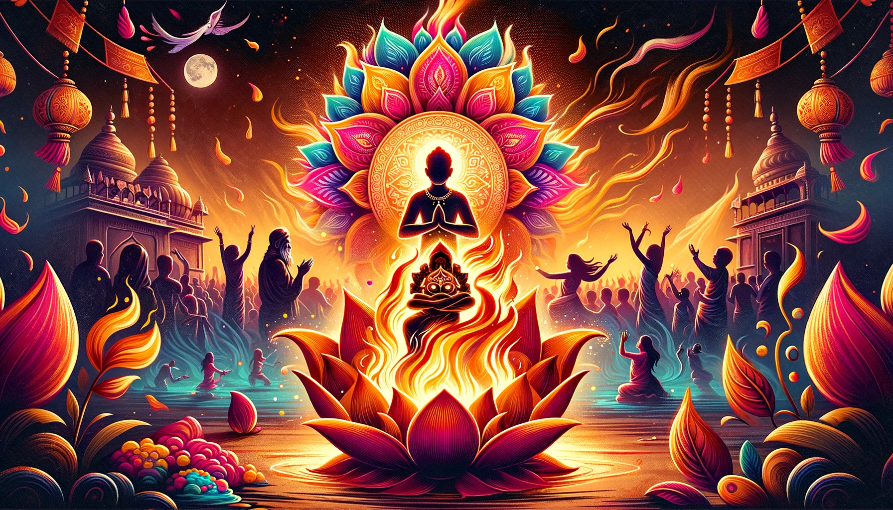 A vibrant blog header illustration depicting the Holi festival's legend of Prahlad and Holika, featuring a bonfire for Holika Dahan and a symbolic figure of Prahlad in prayer, represented by a lotus, set against a backdrop of colorful Holi celebrations.