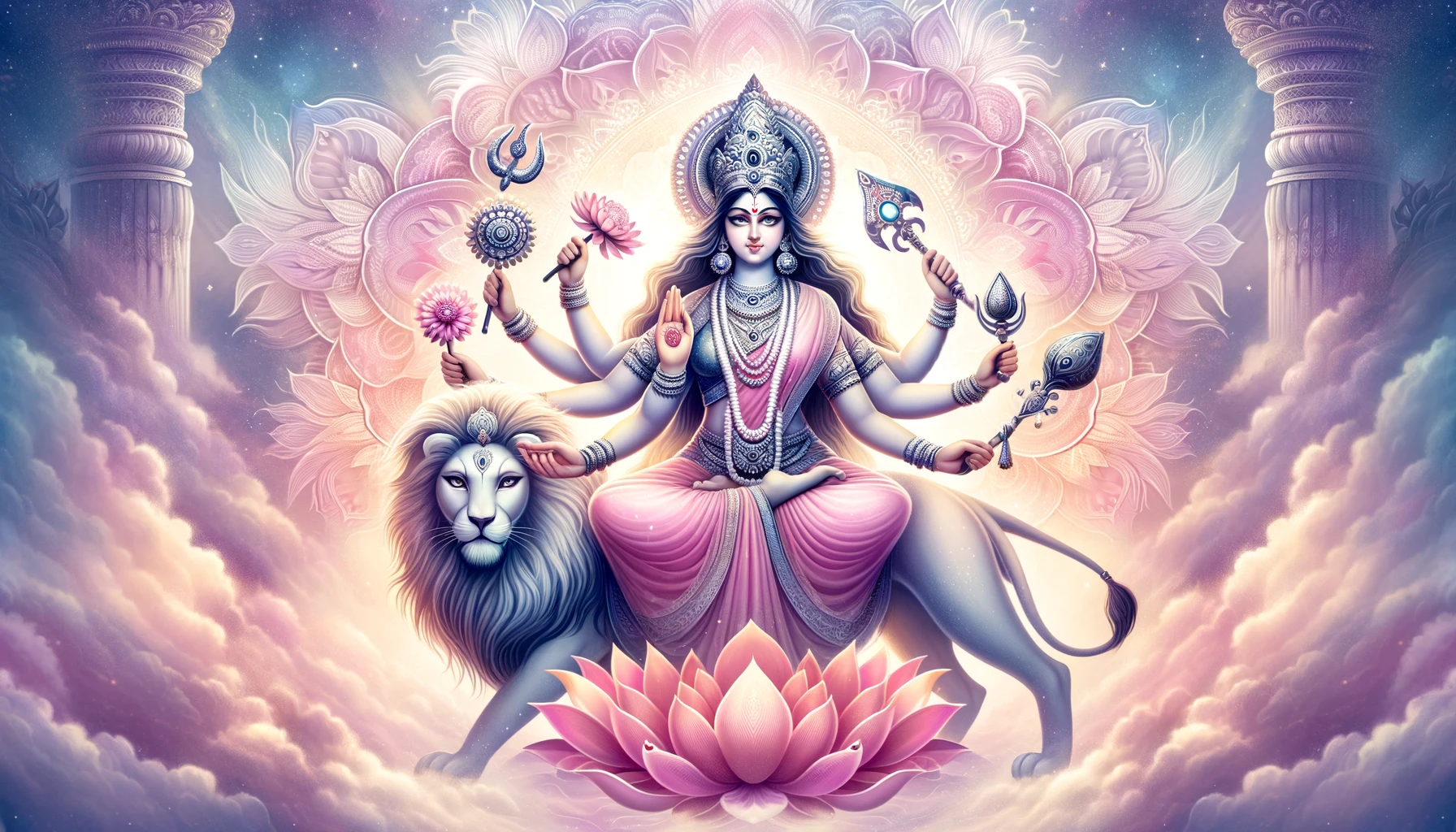 A majestic and inspiring illustration of Goddess Siddhidatri, the ninth form of Goddess Durga worshipped on the last day of Navratri. The image should