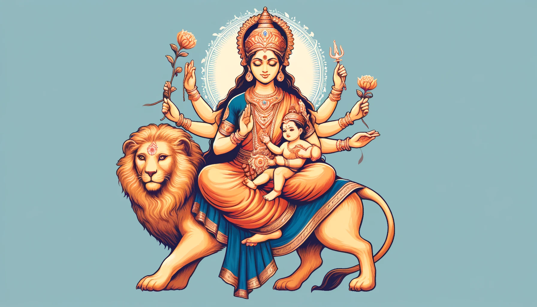 A nurturing and powerful illustration of Goddess Skandamata, the fifth form of Goddess Durga worshipped on the fifth day of Navratri. The image should