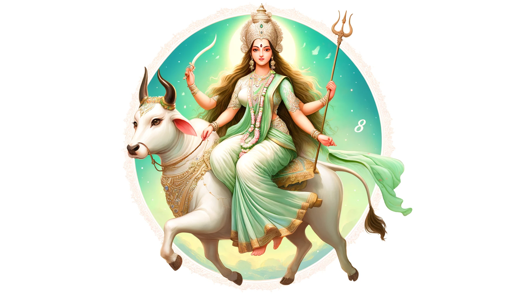 A serene and beautiful illustration of Goddess Mahagauri, the eighth form of Goddess Durga worshipped on the eighth day of Navratri. The image should