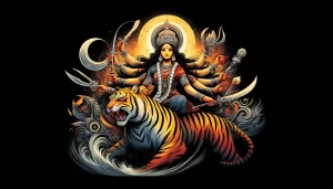 A vibrant and dynamic illustration of Goddess Chandraghanta, the third form of Goddess Durga worshipped on the third day of Navratri. The image should