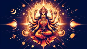 An illustration of Goddess Kushmanda, vibrant and powerful, for the fourth day of Navratri. The image should show her with eight arms, each holding sy