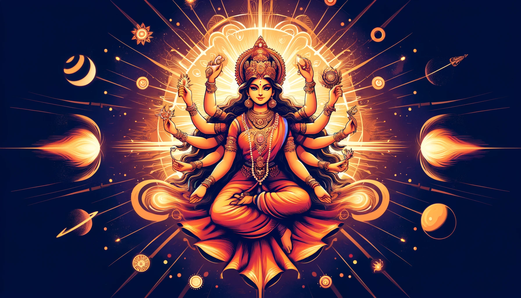 An illustration of Goddess Kushmanda, vibrant and powerful, for the fourth day of Navratri. The image should show her with eight arms, each holding sy