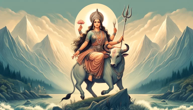 beautiful and serene illustration of Goddess Shailputri, the first form of Goddess Durga worshipped on the first day of Navratri