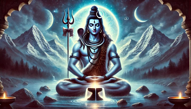 A divine and majestic depiction of Lord Shiva meditating in a tranquil Himalayan setting