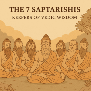Illustration of the seven Saptarishis seated in meditation under a forest canopy, symbolizing the guardians of Vedic wisdom in ancient Indian tradition, drawn in warm earthy tones.