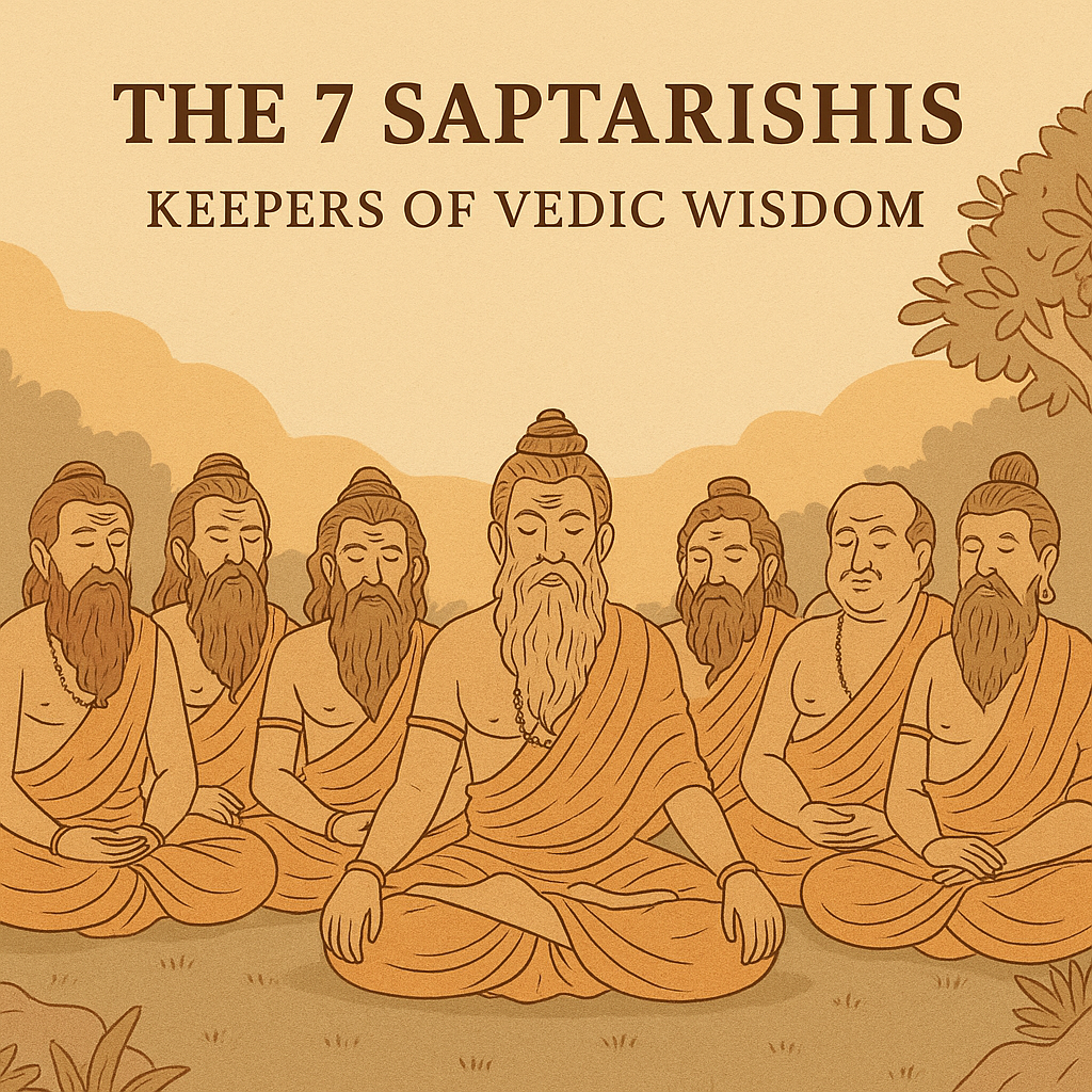 Illustration of the seven Saptarishis seated in meditation under a forest canopy, symbolizing the guardians of Vedic wisdom in ancient Indian tradition, drawn in warm earthy tones.