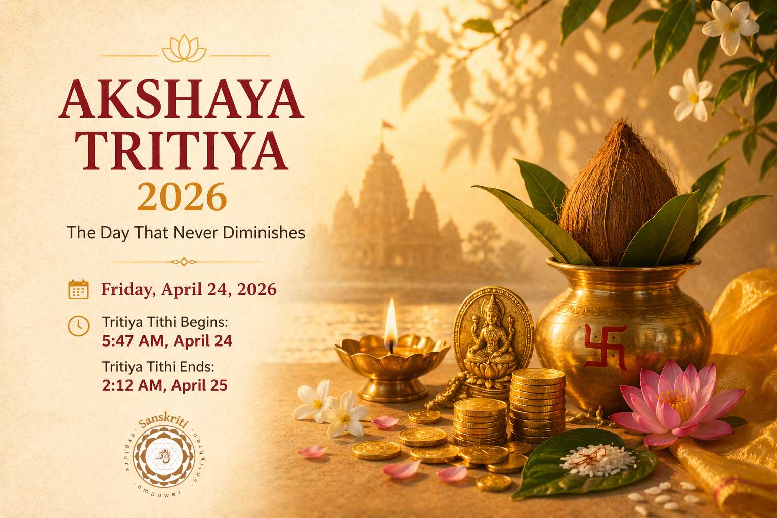 Akshaya Tritiya 2026 — royal purple hero banner with Akshaya Patra vessel and Devanagari text