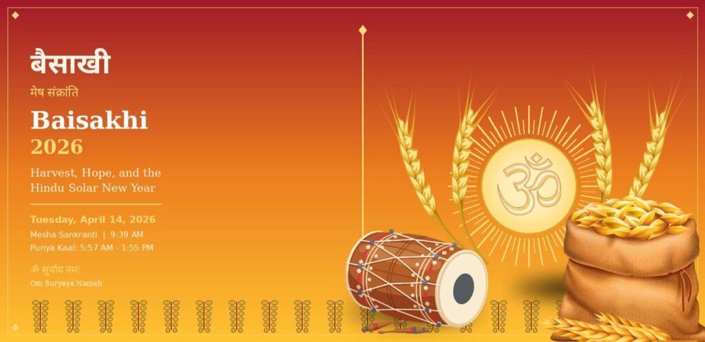 Baisakhi 2026 — Mesha Sankranti Hindu Solar New Year hero banner with rising sun, Om symbol and wheat harvest