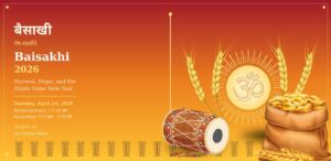 Baisakhi 2026 — Mesha Sankranti Hindu Solar New Year hero banner with rising sun, Om symbol and wheat harvest