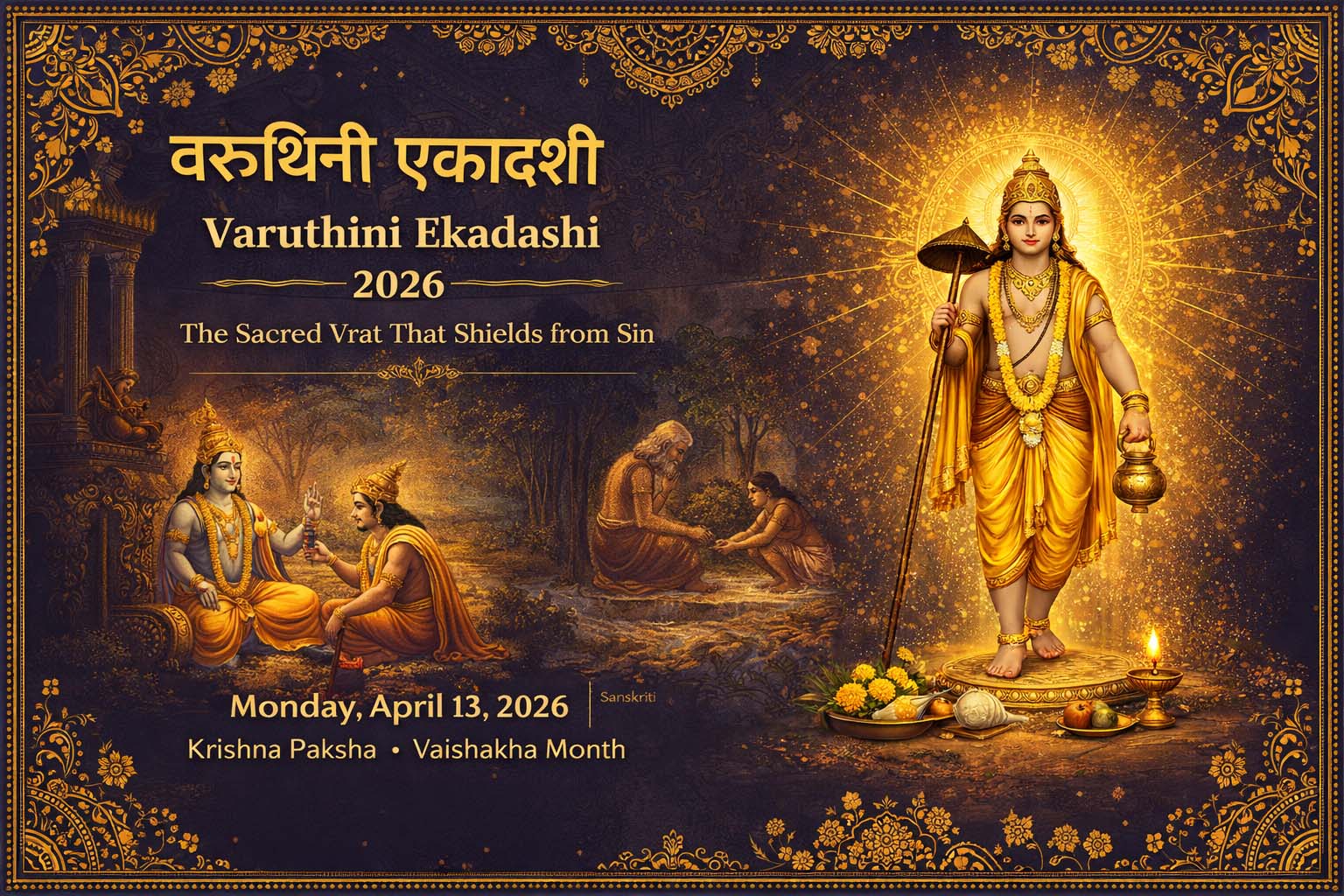 Varuthini Ekadashi 2026 — sacred vrat guide hero banner with Vishnu Chakra mandala