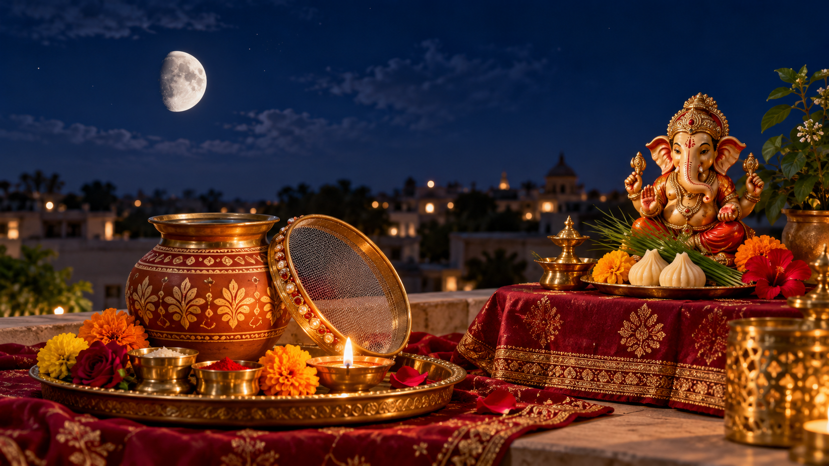 Illustration of a Karwa Chauth puja thali, karwa and sieve beside Ganesha worship offerings under a gibbous Moon.