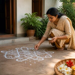 AI-generated illustration of a woman drawing a white kolam outside a home