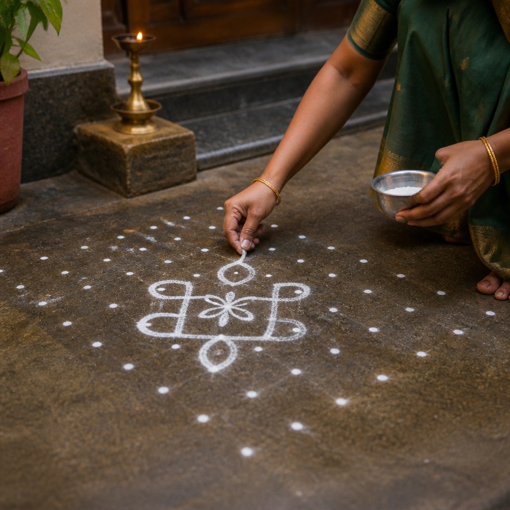 AI-generated illustration of a kolam drawing scene at a home entrance