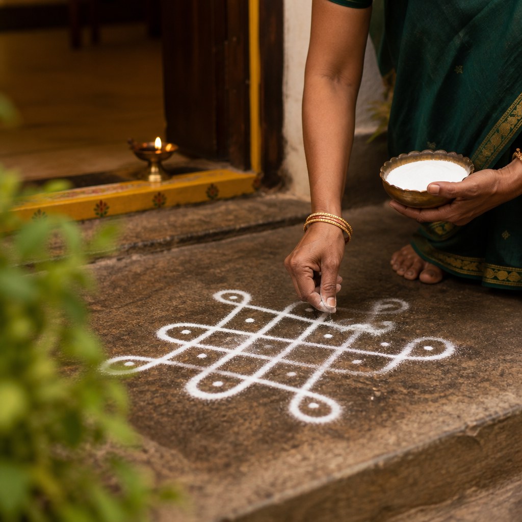 AI-generated illustration of a kolam drawing scene at a home entrance