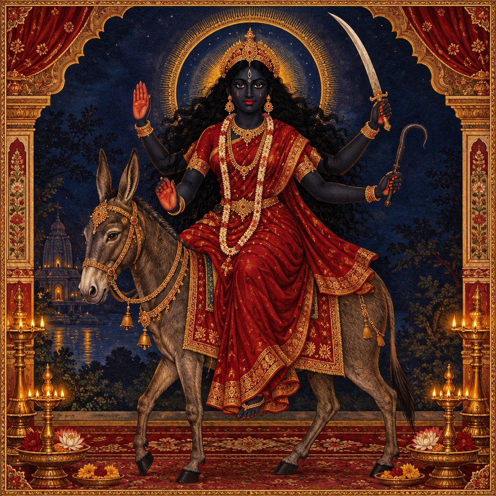 AI-generated devotional illustration of Maa Kalaratri in an antique gold and crimson frame