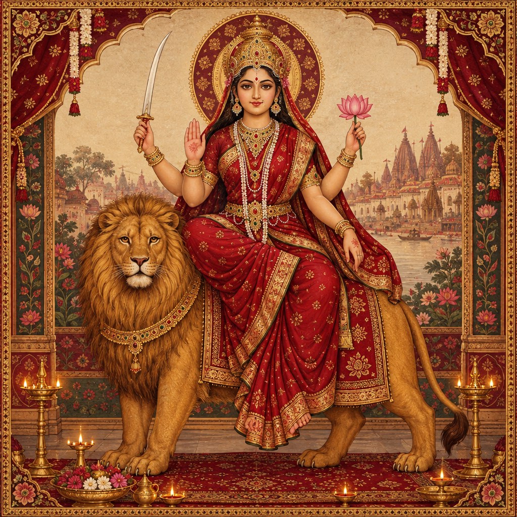 AI-generated devotional illustration of Maa Katyayani in an antique gold and crimson frame