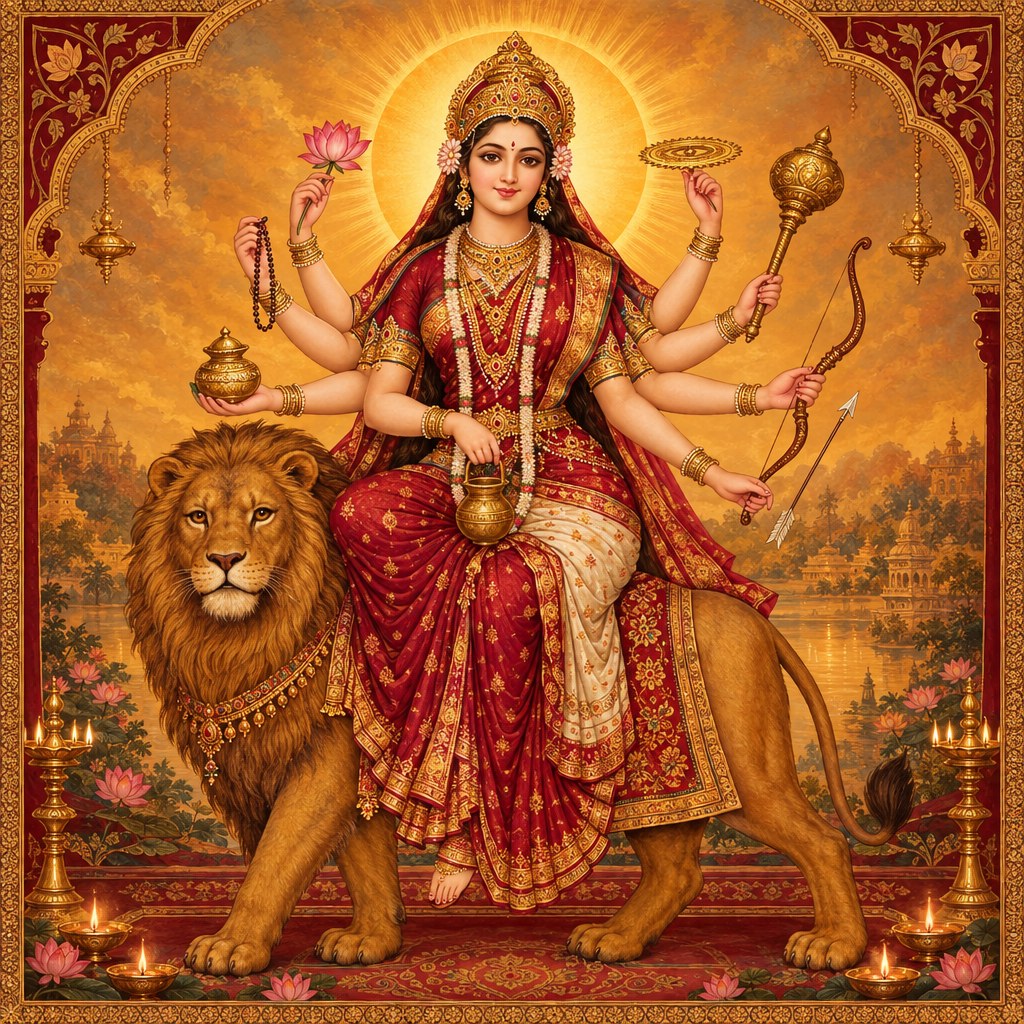 AI-generated devotional illustration of Maa Kushmanda in an antique gold and crimson frame