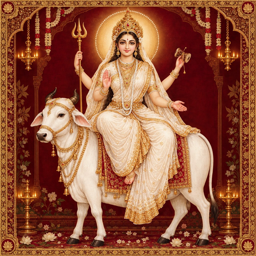 AI-generated devotional illustration of Maa Mahagauri in an antique gold and crimson frame