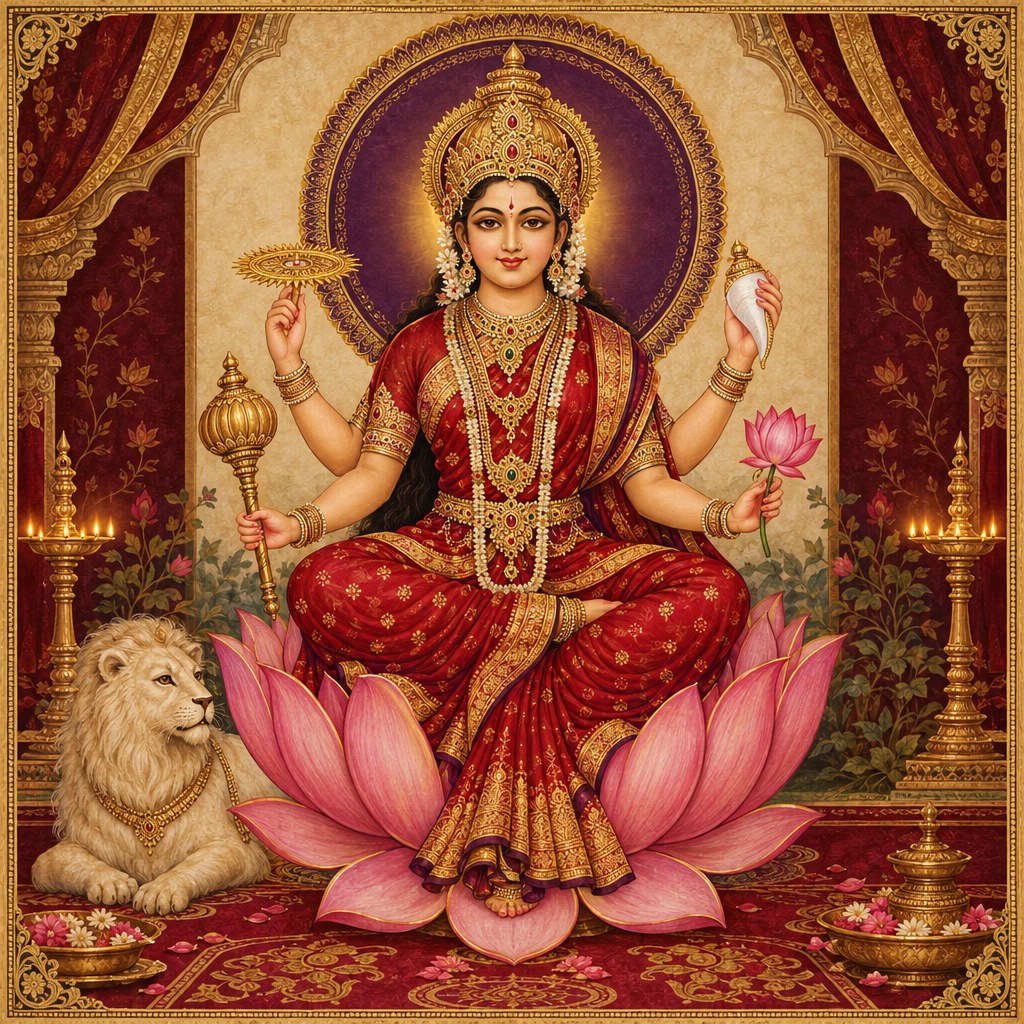 AI-generated devotional illustration of Maa Siddhidatri in an antique gold and crimson frame