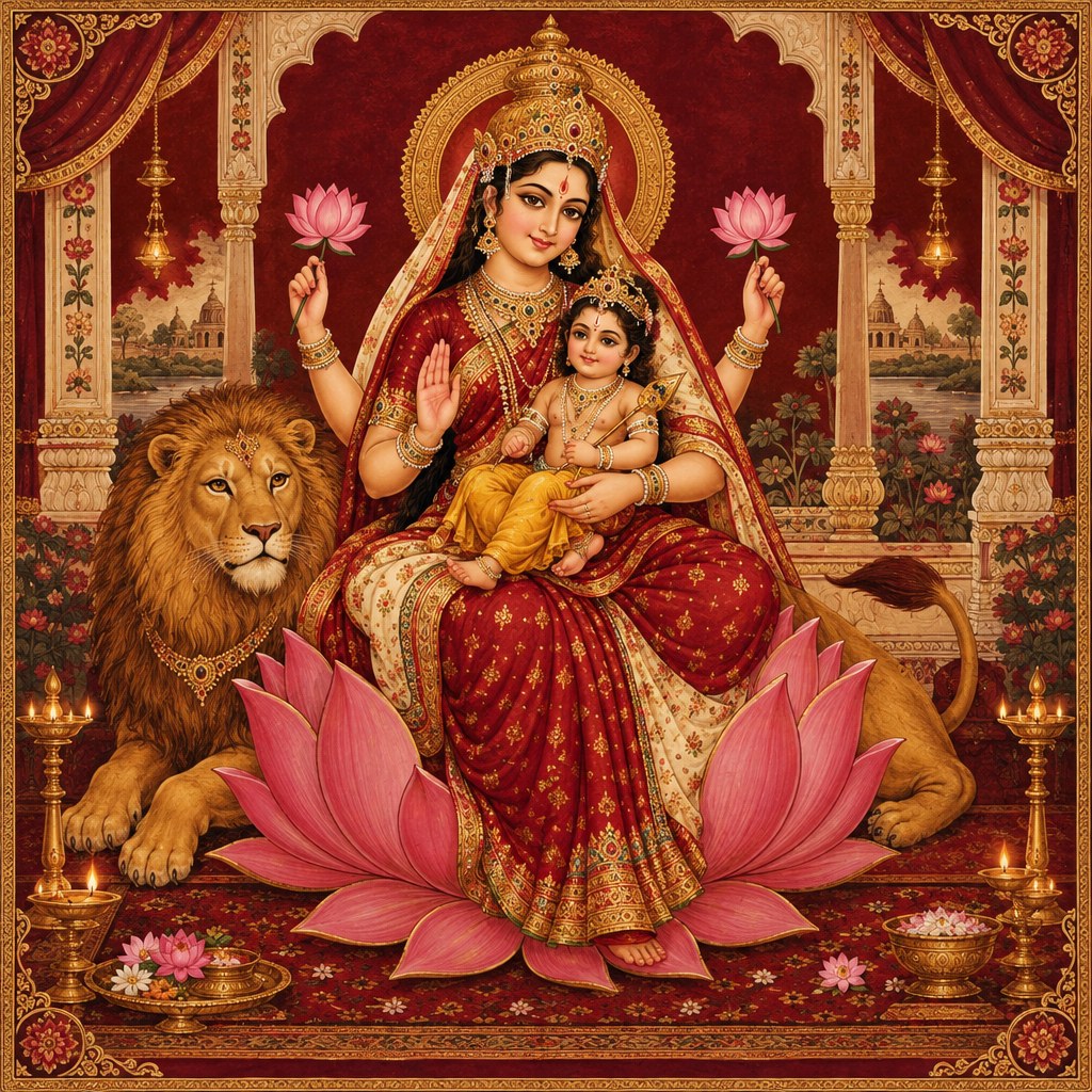 AI-generated devotional illustration of Maa Skandamata in an antique gold and crimson frame